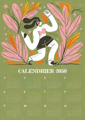 Calendrier illustré simple en kaki et blanc