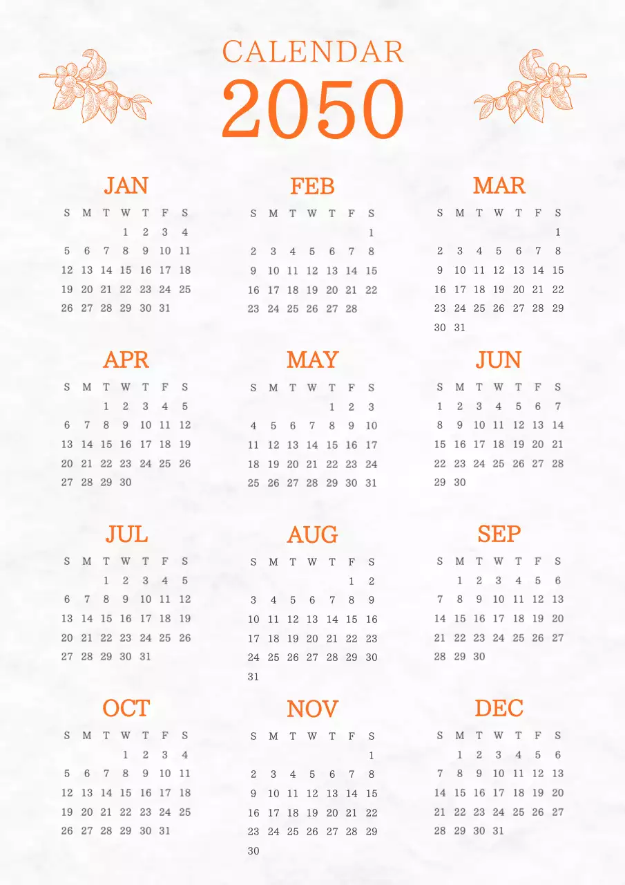 オレンジ シンプル 年間 カレンダー ポスター