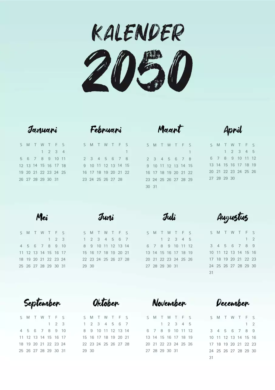 Eenvoudige handgeschreven kalender in mint en zwart