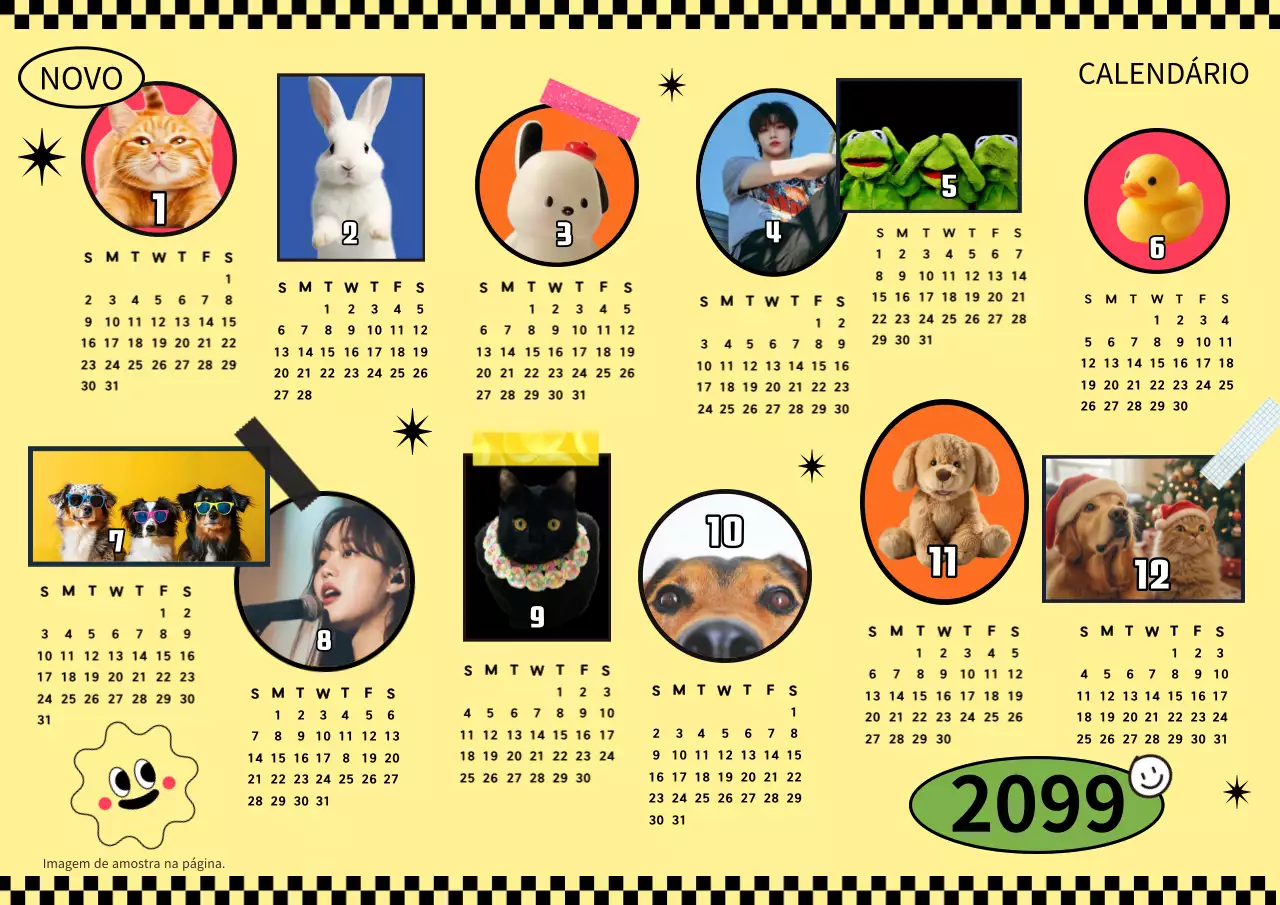 Calendário de 1 ano amarelo com fotografias giras