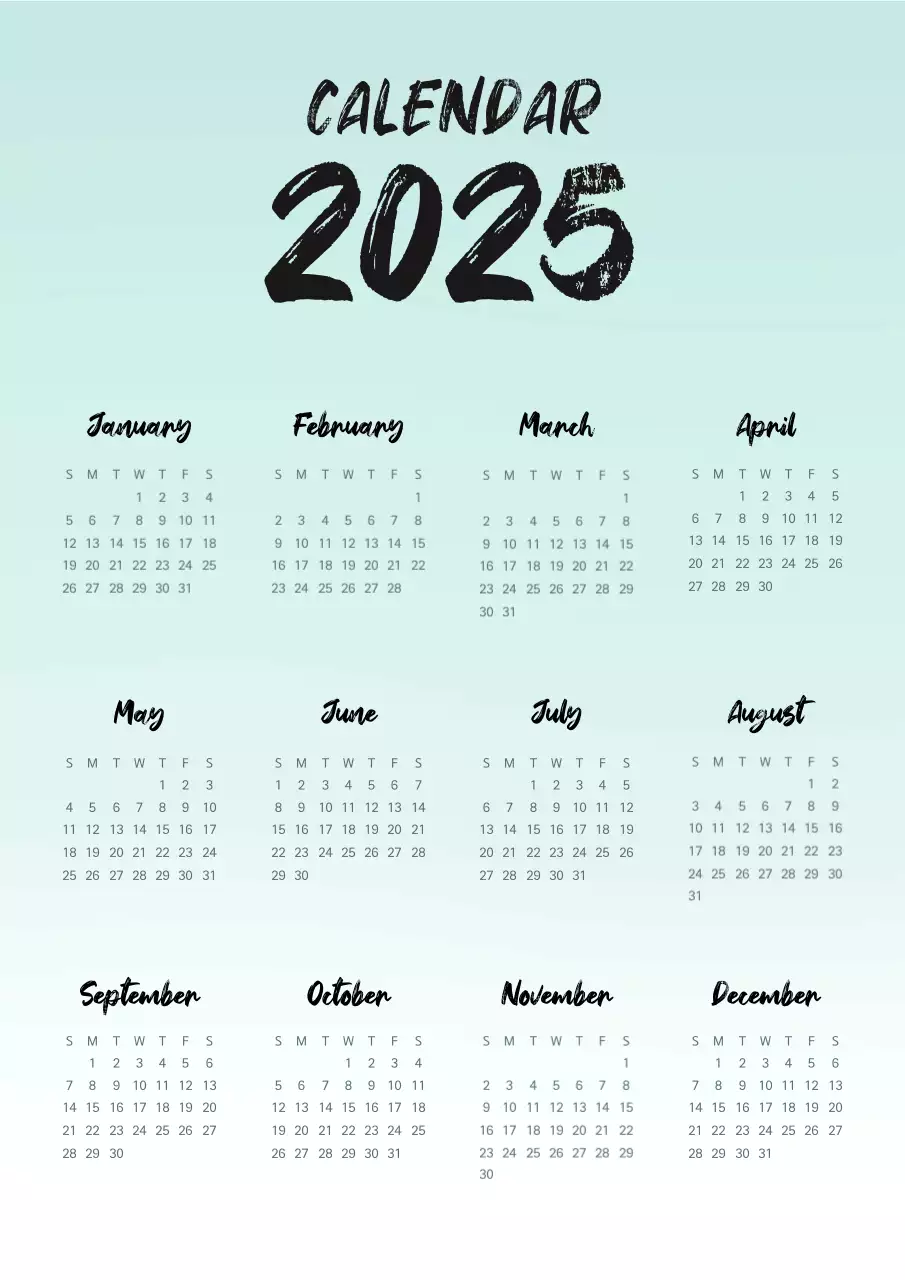 민트색과 검정의 심플한 손글씨 달력