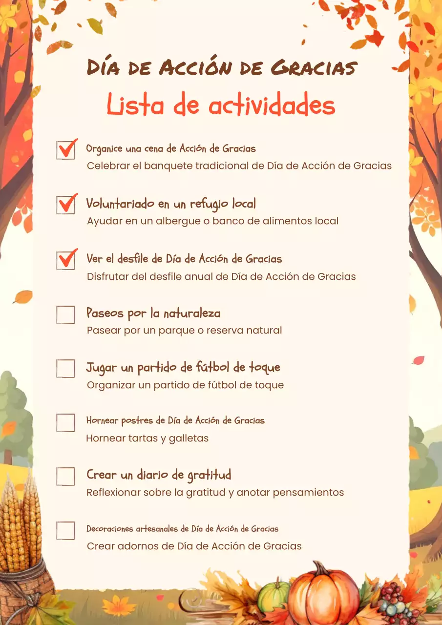 lista de actividades de acción de gracias en naranja cálido