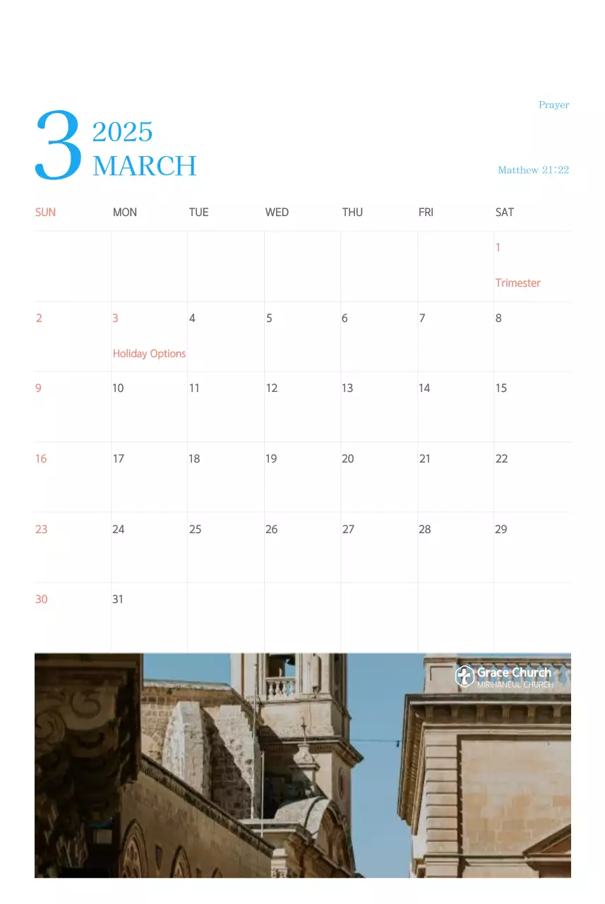 Kalender gereja berkonsep modern berwarna biru
