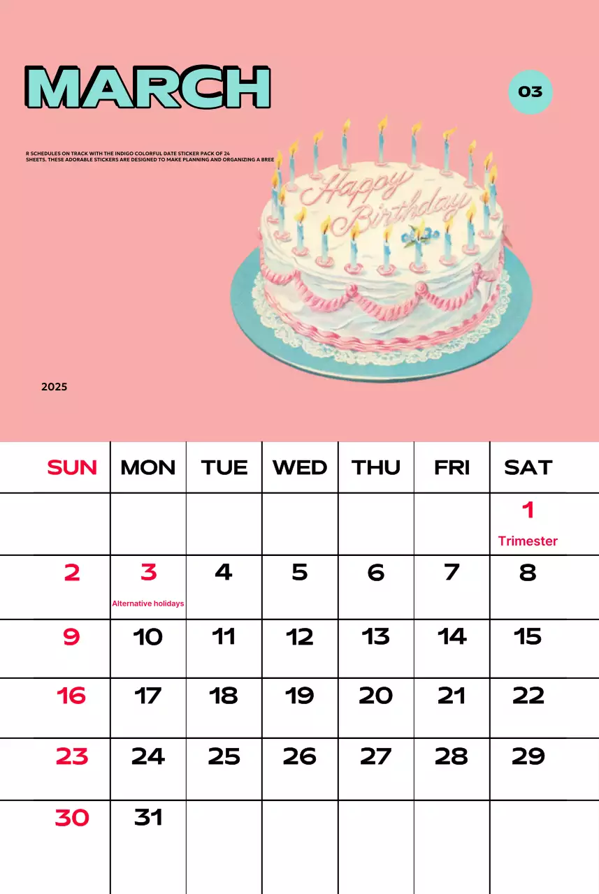 Kalender penuh warna dengan berbagai ilustrasi retro