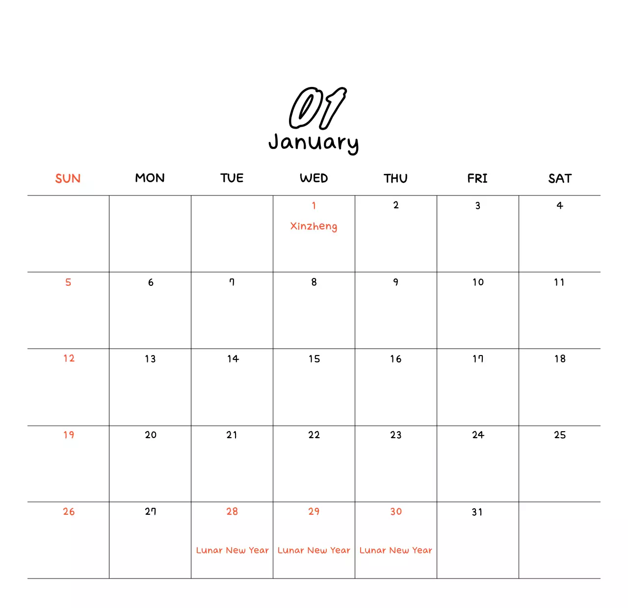 Kalender Tahun Baru berwarna putih yang nyaman