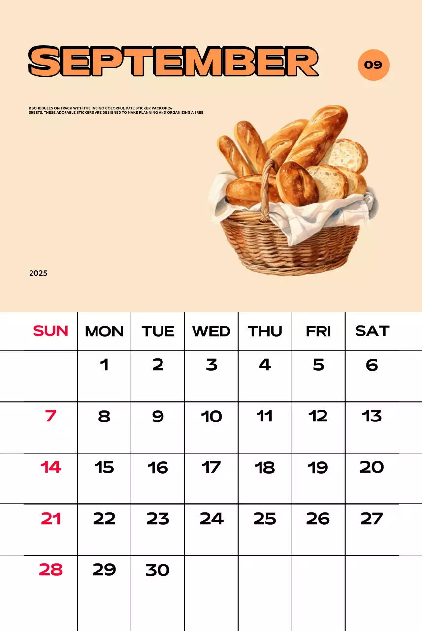 Kalender penuh warna dengan berbagai ilustrasi retro