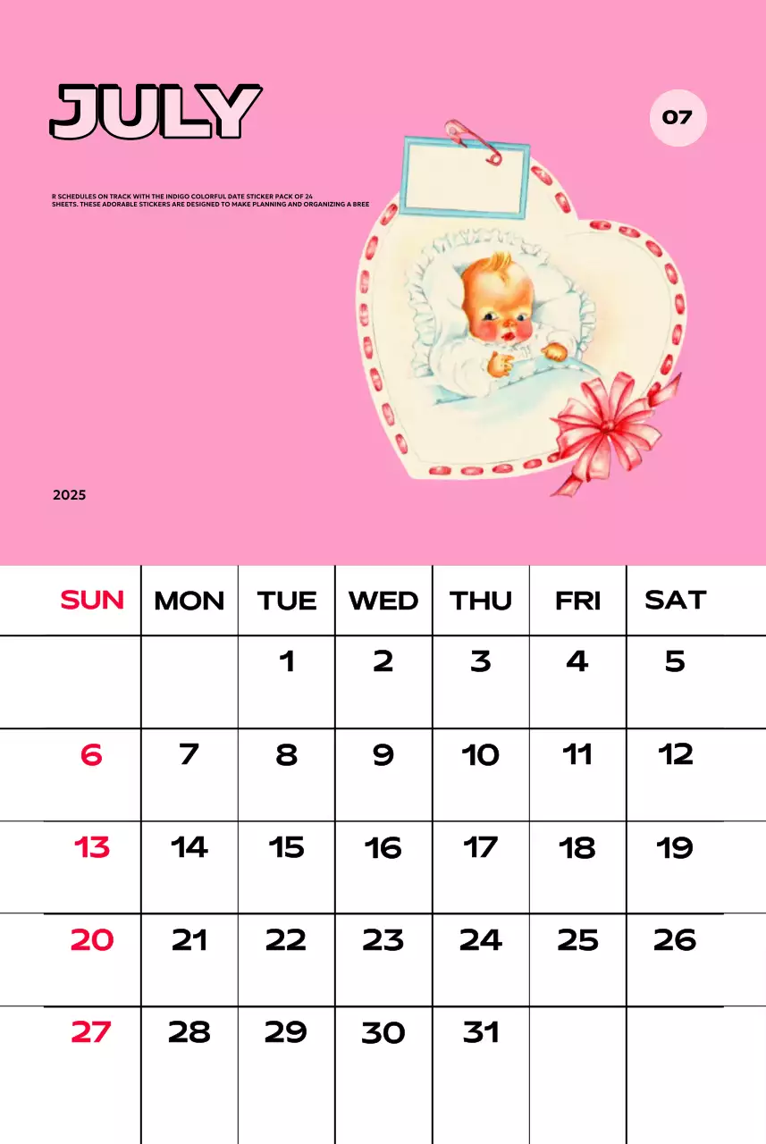 Kalender penuh warna dengan berbagai ilustrasi retro