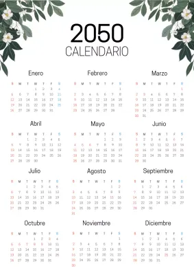 Calendario botánico sencillo en verde y blanco