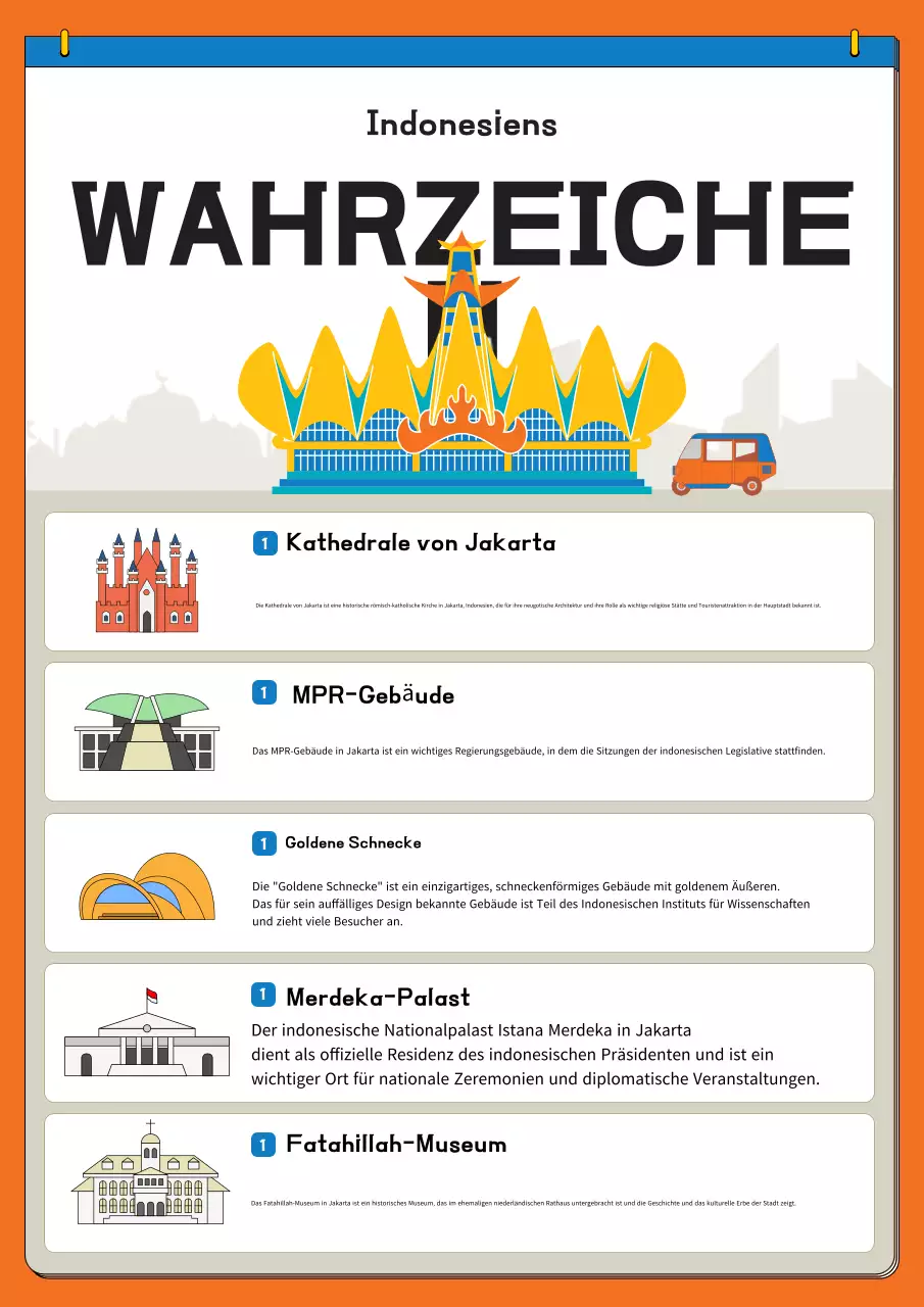 orangefarbener Führer für moderne Wahrzeichen