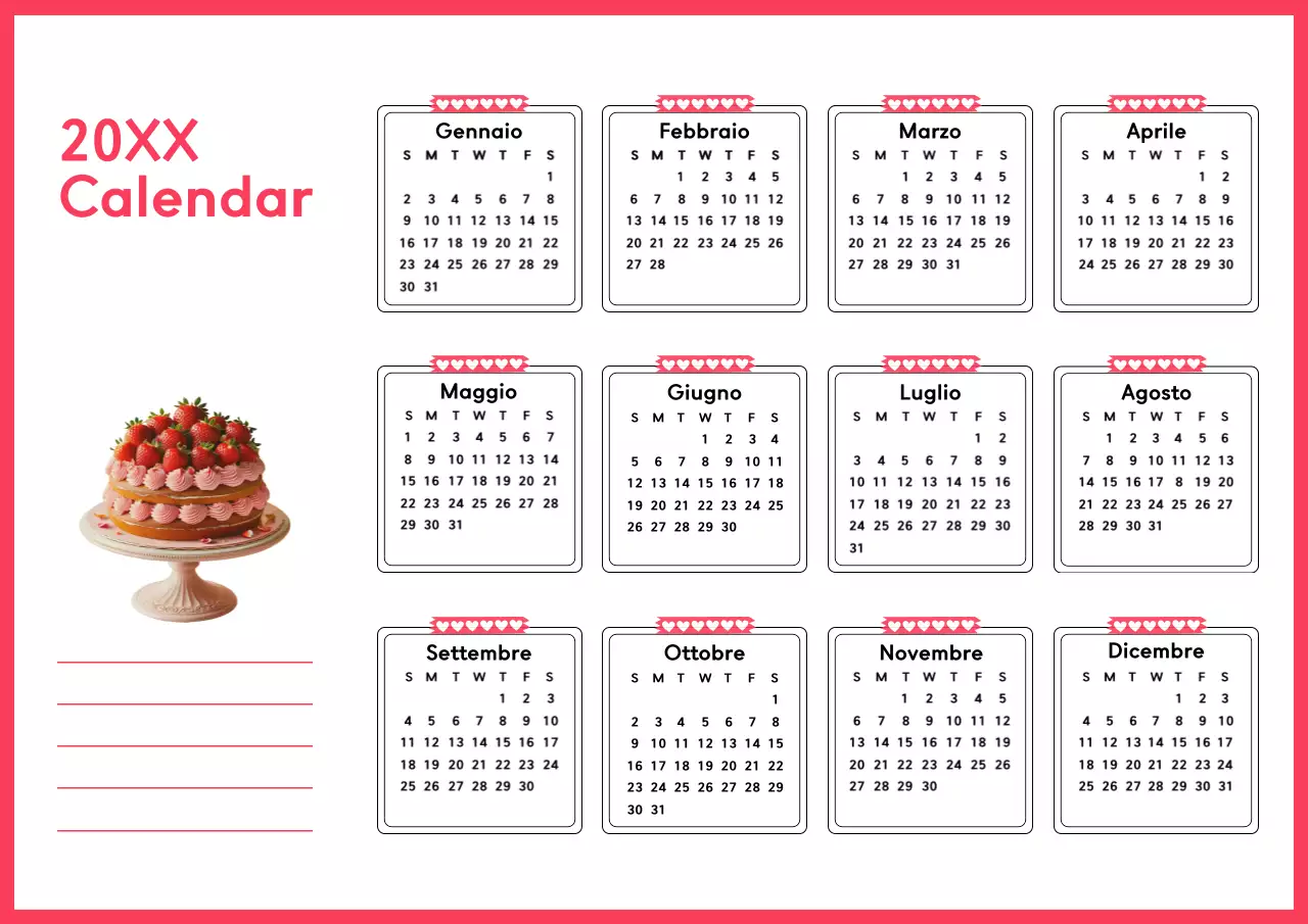 Calendario rosa di un anno semplice e pulito