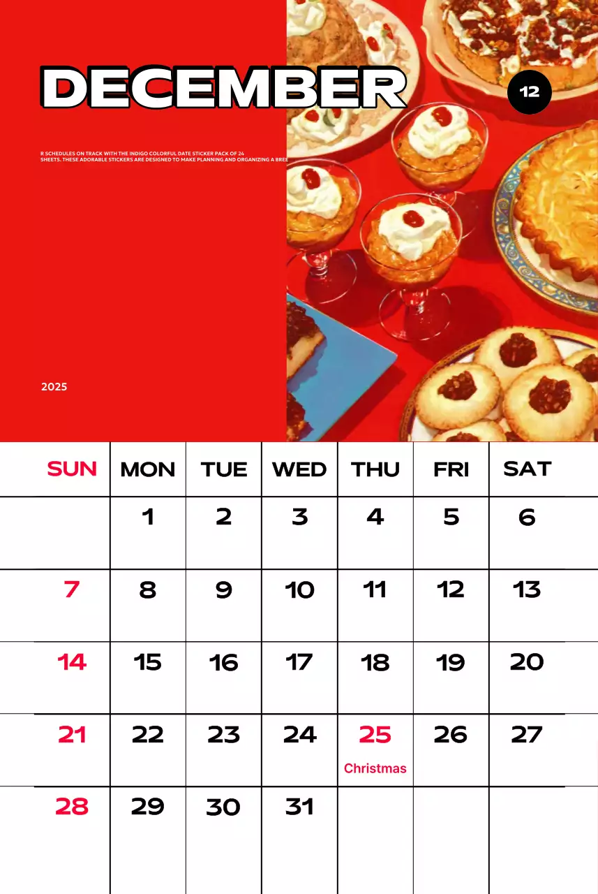 Kalender penuh warna dengan berbagai ilustrasi retro