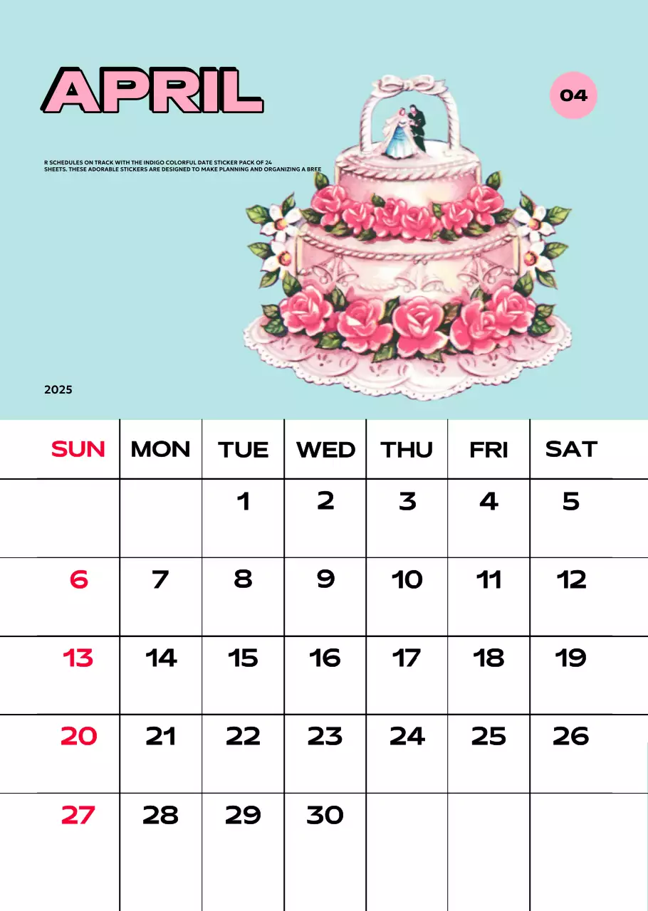 Kalender penuh warna dengan berbagai ilustrasi retro