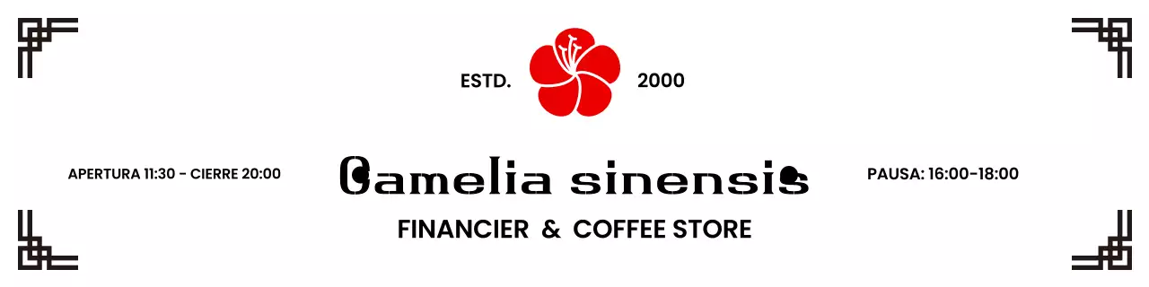 Anuncio de una pastelería-cafetería tradicional con flores rojas de camelia