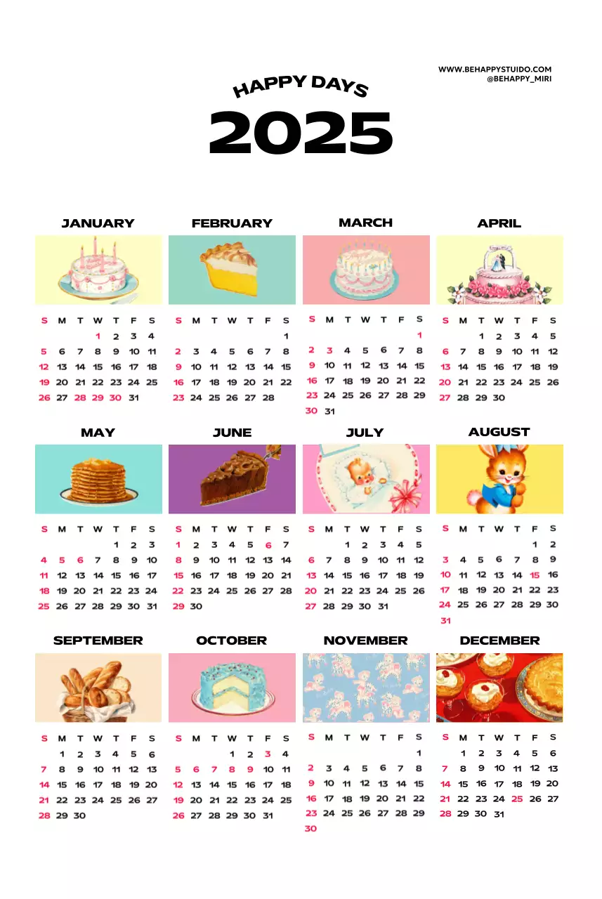 Kalender penuh warna dengan berbagai ilustrasi retro