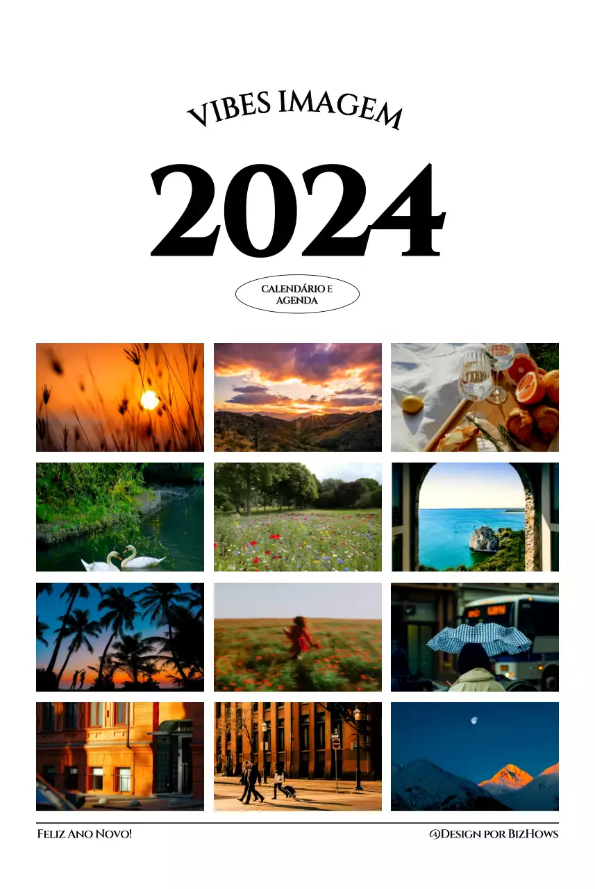 Calendário de parede de estilo simples com conceito de fotografia de viagem emocional a preto e branco