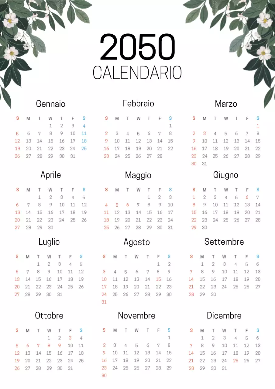 Calendario botanico semplice in verde e bianco