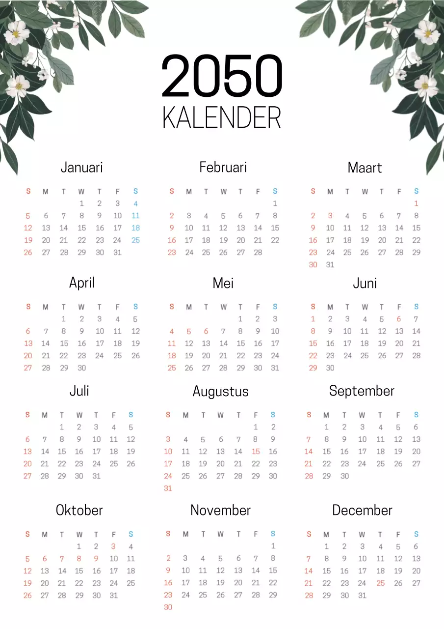 Eenvoudige botanische kalender in groen en wit