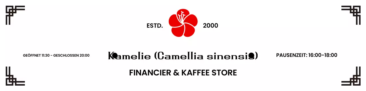 Werbung für eine traditionelle Café-Konditorei mit roten Kamelienblüten