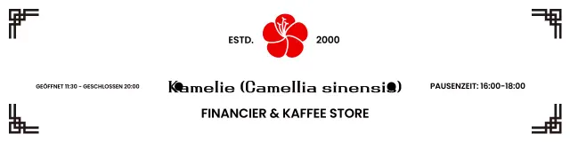 Werbung für eine traditionelle Café-Konditorei mit roten Kamelienblüten