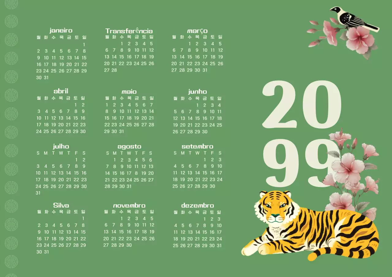 Um calendário anual de padrões tradicionais em caqui e marfim