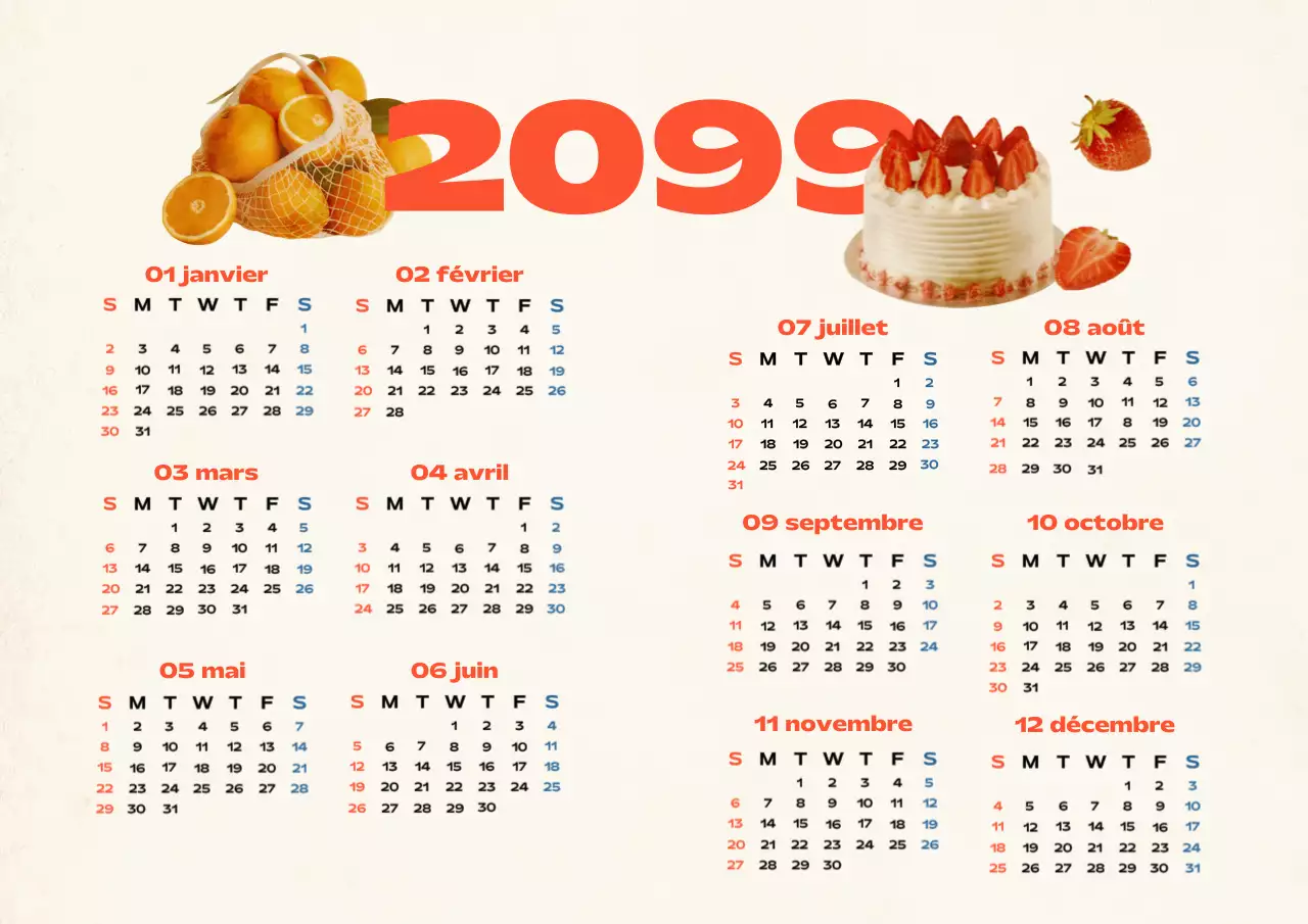 Calendrier alimentaire vintage 1 an en beige et rouge