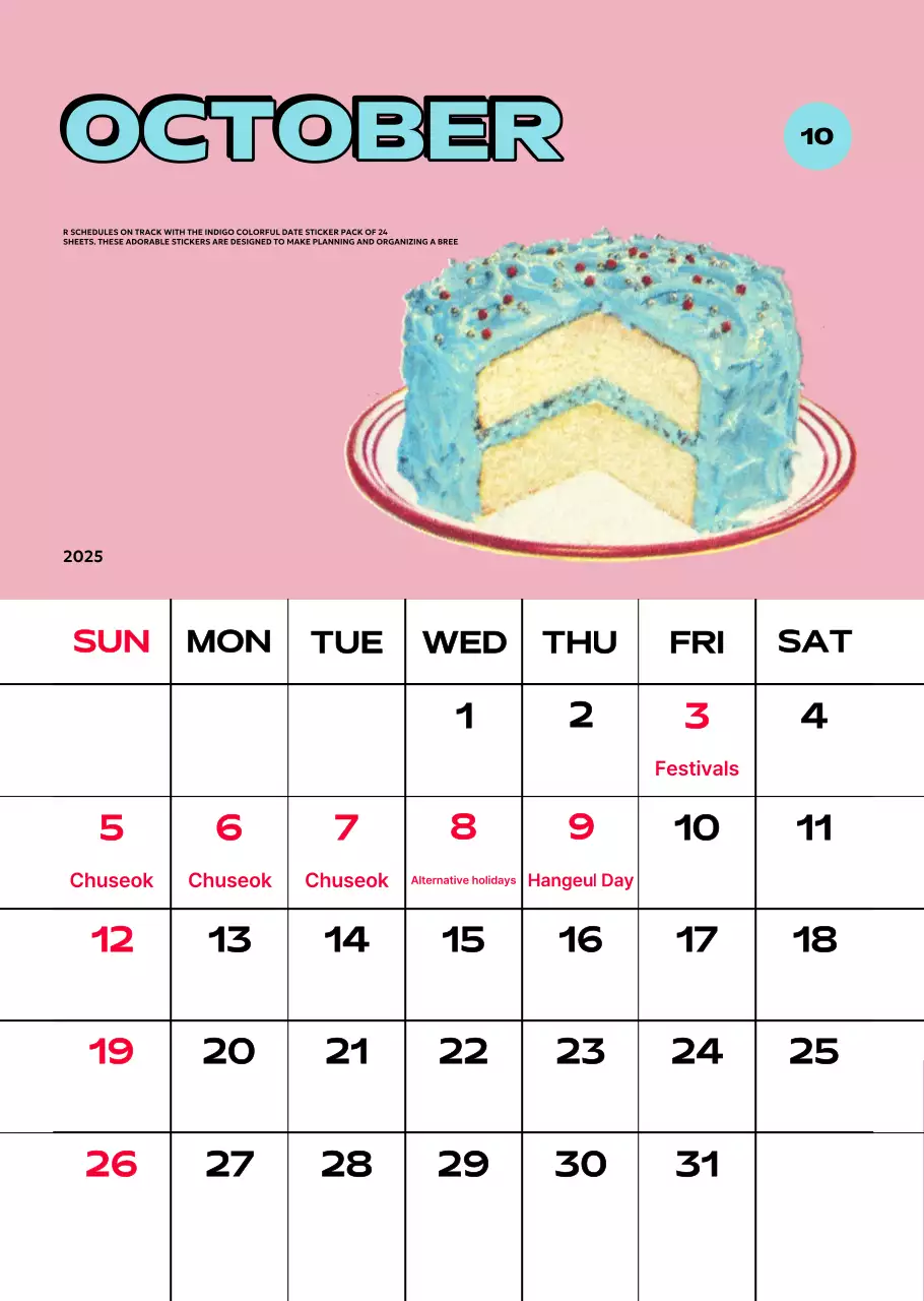 Kalender penuh warna dengan berbagai ilustrasi retro