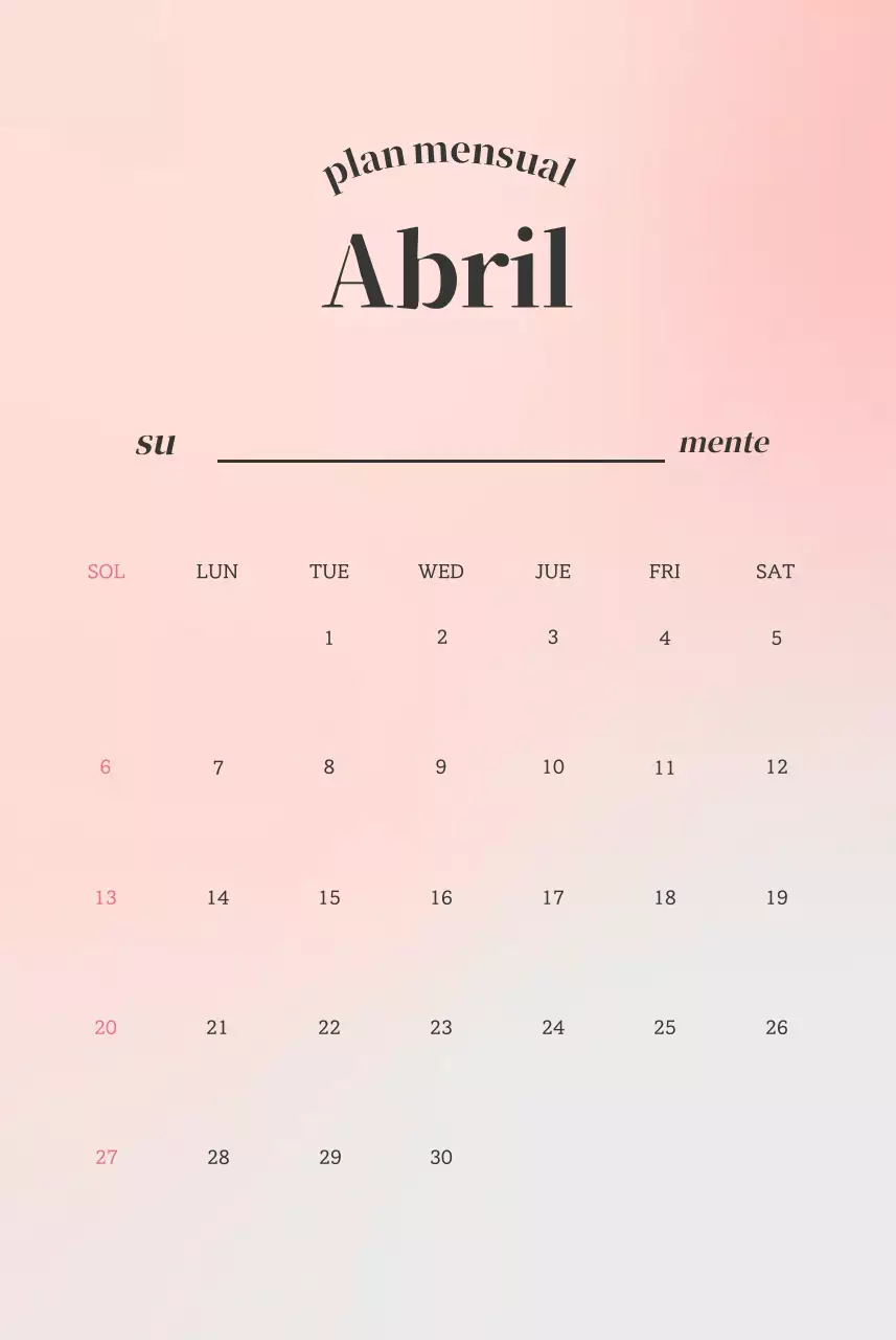 Calendario minimalista con texto degradado