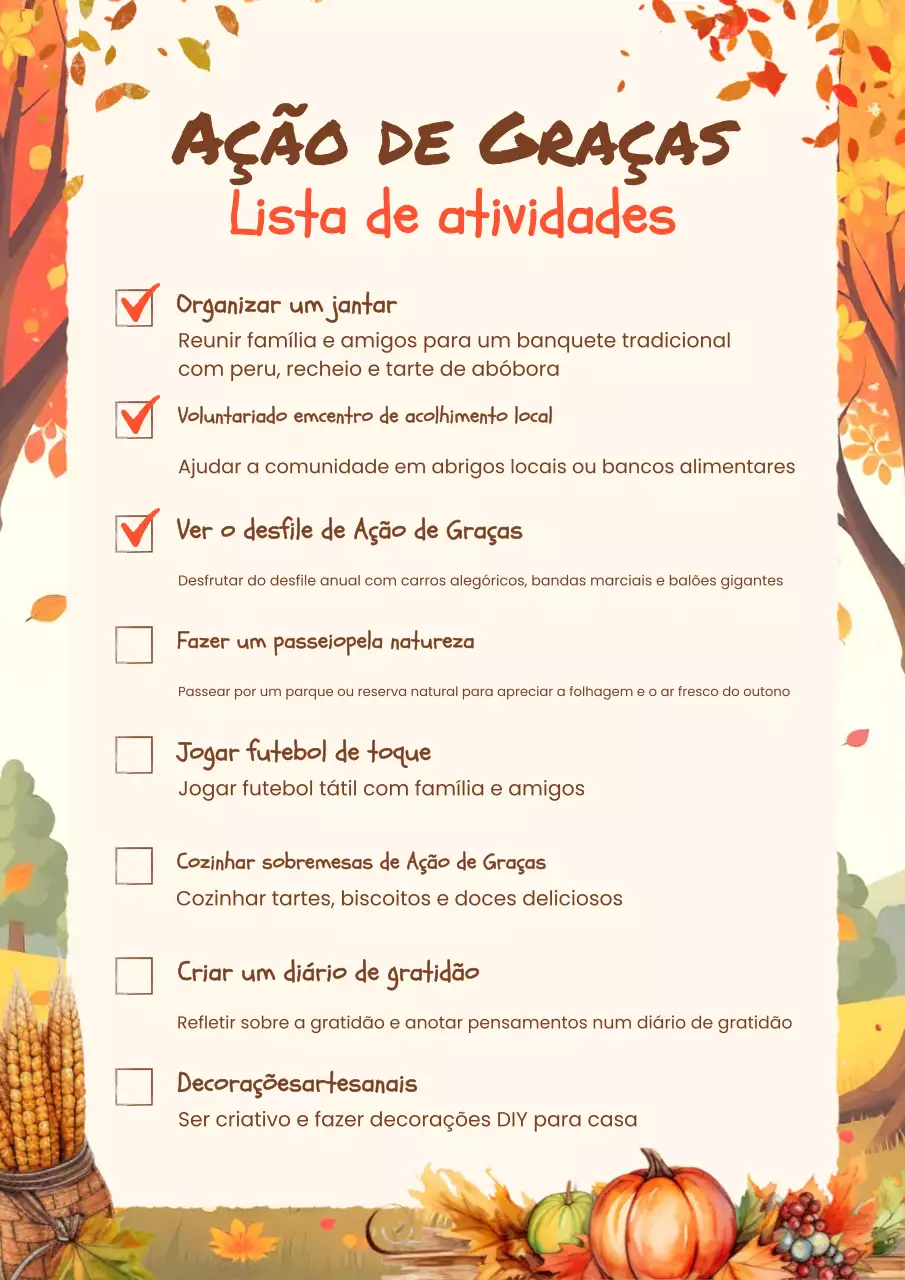 lista de actividades do dia de ação de graças em laranja quente