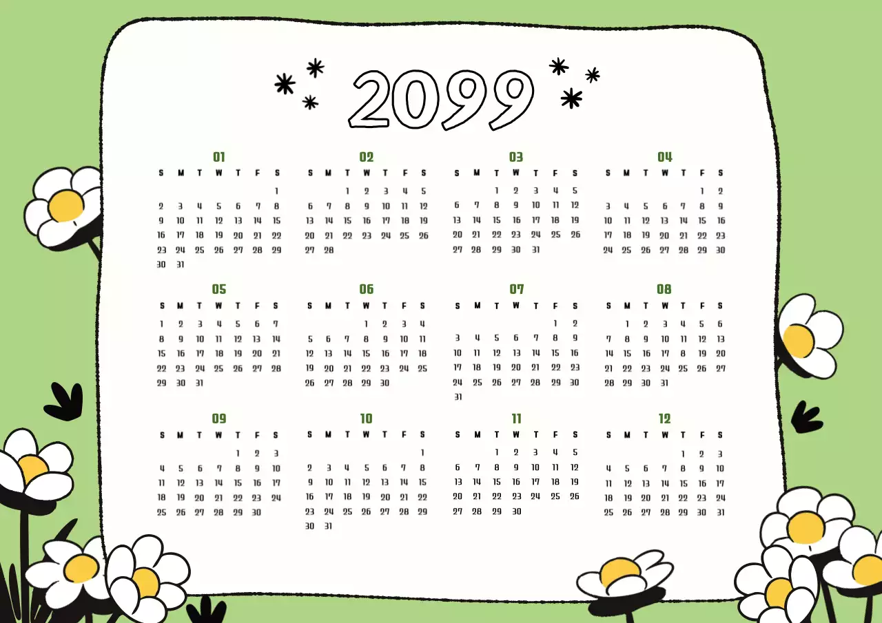 Um calendário anual de bonitas flores em tons de verde e branco