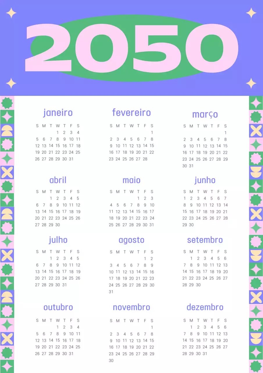 Calendário de formas kitsch em roxo e cor-de-rosa