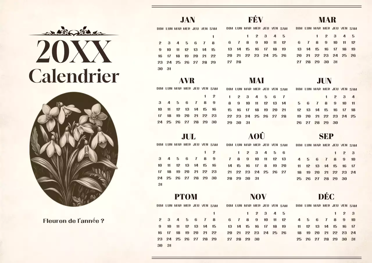 Calendrier vintage d'un an en beige et marron