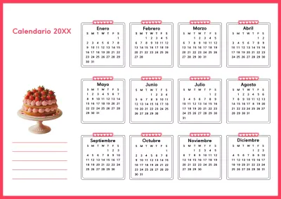 Calendario anual rosa, sencillo y limpio