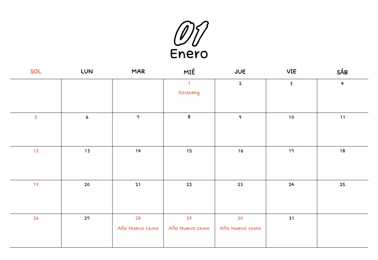 Calendario amarillo de Año Nuevo