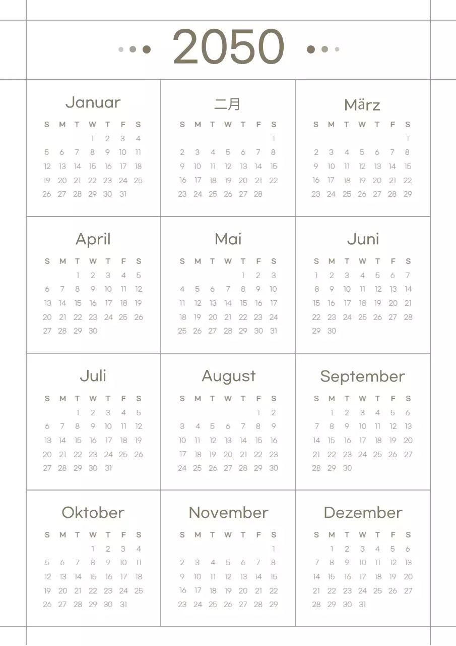 Sauberer Rasterkalender in Braun und Weiß
