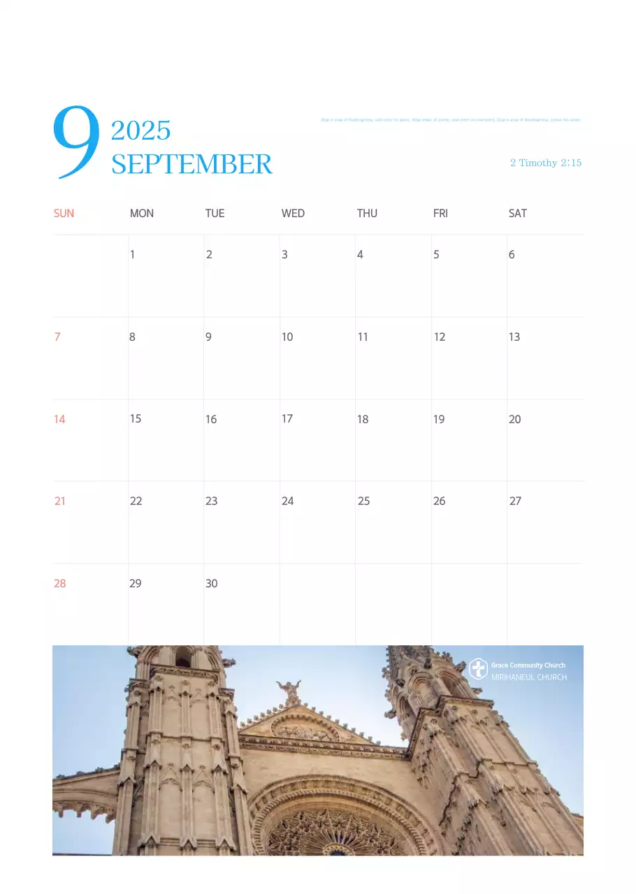 Kalender gereja berkonsep modern berwarna biru