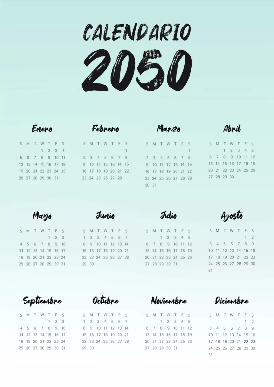 Calendario manuscrito sencillo en color menta y negro