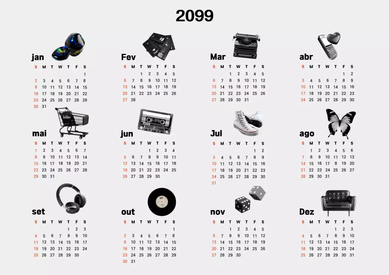 Calendário de 1 ano com adereços retro a preto e branco