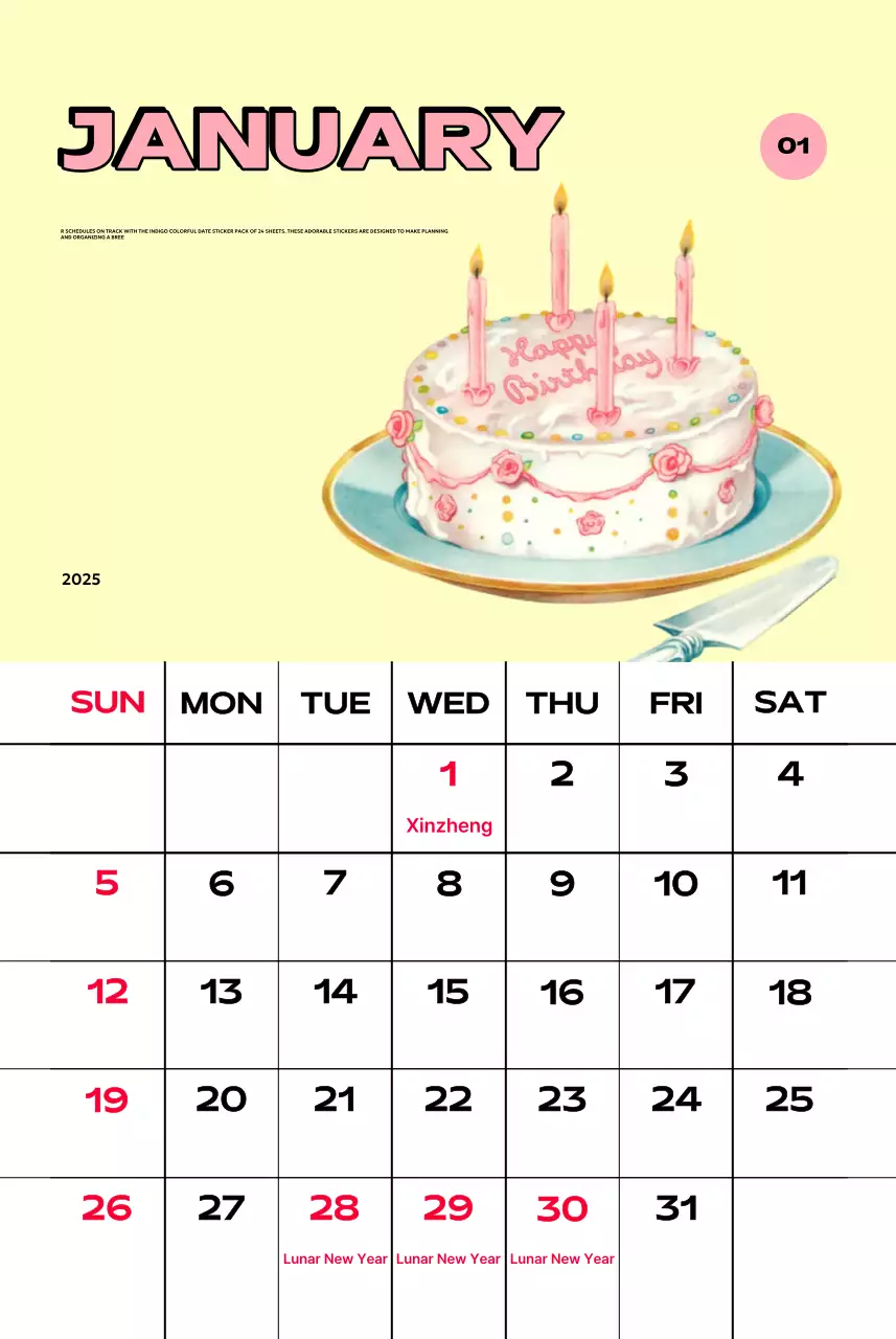 Kalender penuh warna dengan berbagai ilustrasi retro