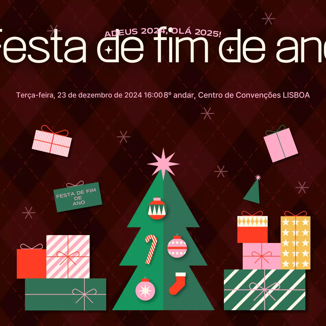 Evento de festa de fim de ano da caixa de presente Burgundy