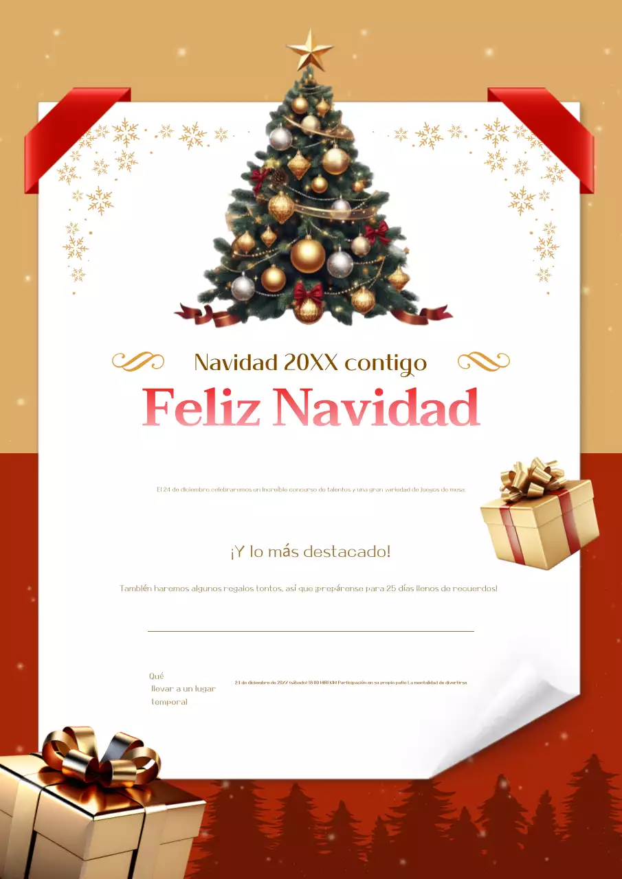 Invitación a la fiesta de Navidad en rojo y dorado