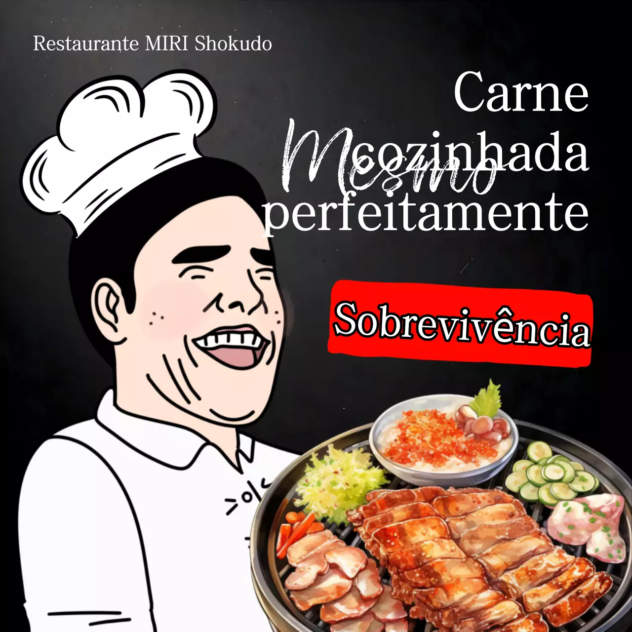 Uma paródia a preto e branco de um anúncio a um restaurante de carne