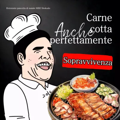 Una parodia in bianco e nero della pubblicità di un ristorante di carne