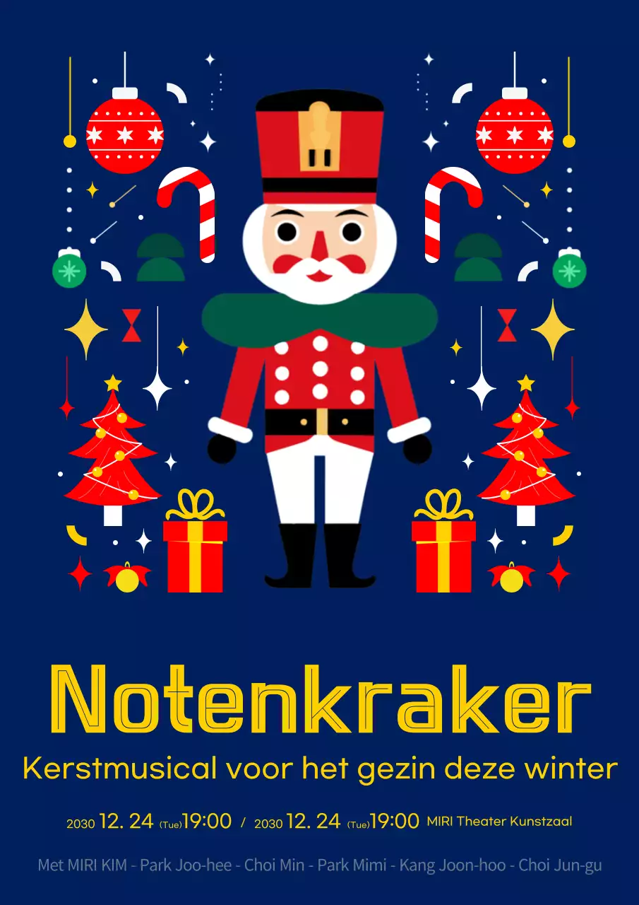 Een marineblauwe en gele advertentie voor de musical De Notenkraker