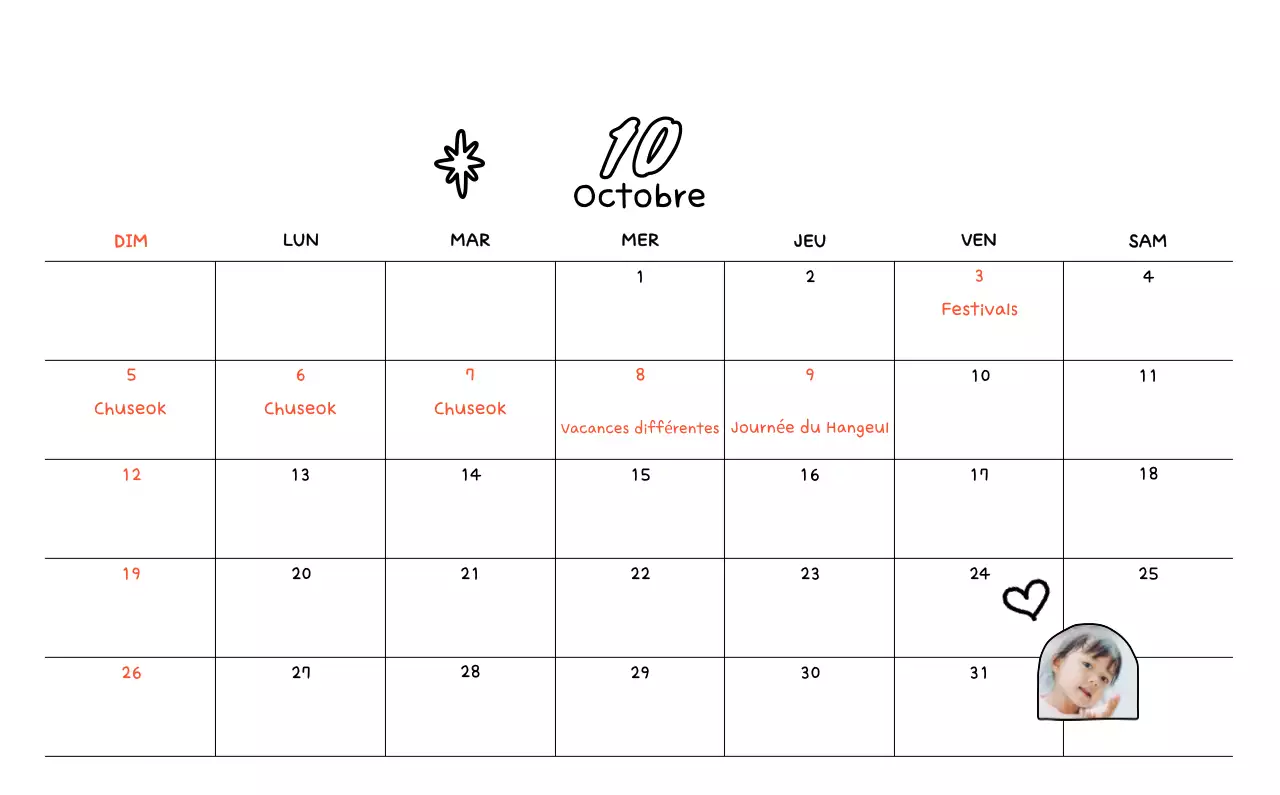 Calendrier photo avec dessin mignon
