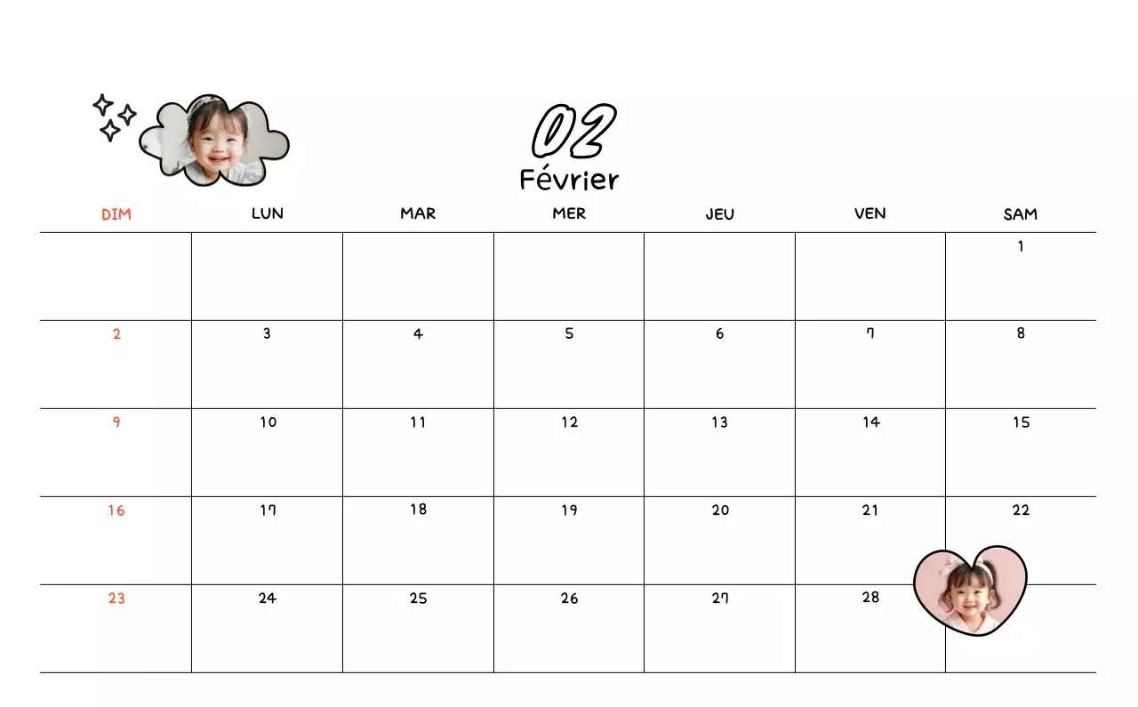Calendrier photo avec dessin mignon