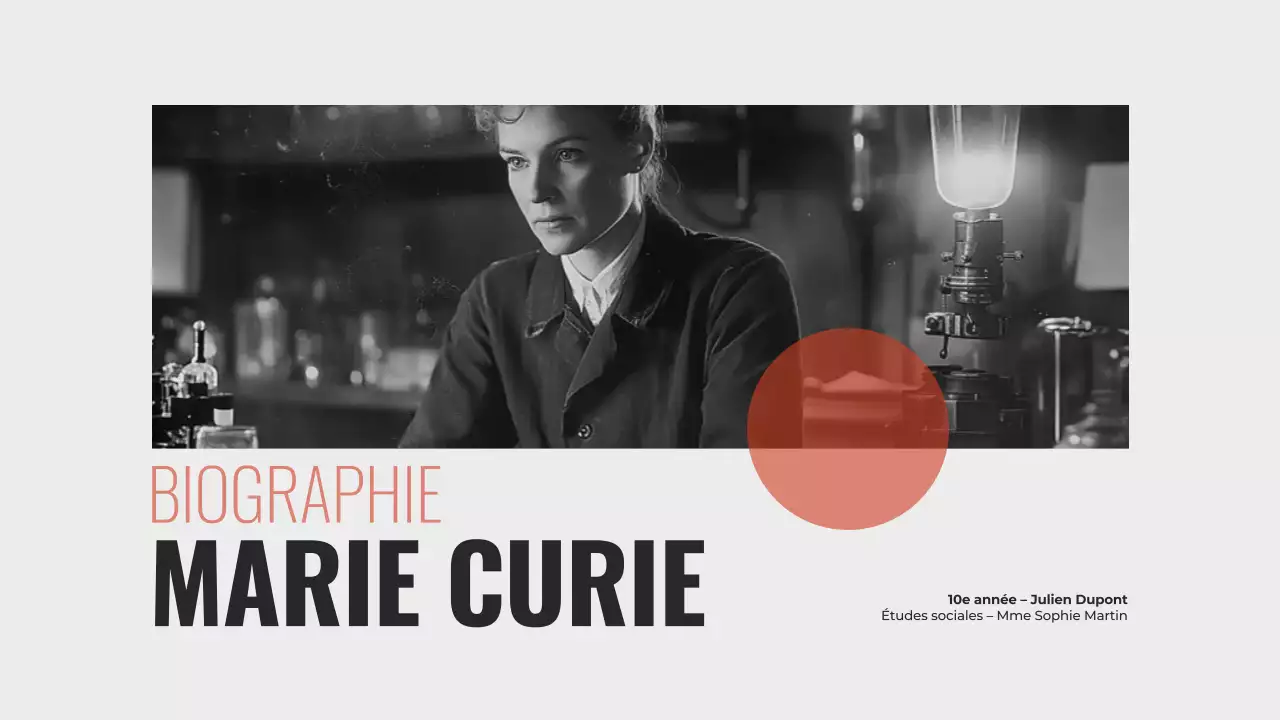 Explorer la vie de Marie Curie Présentation minimaliste