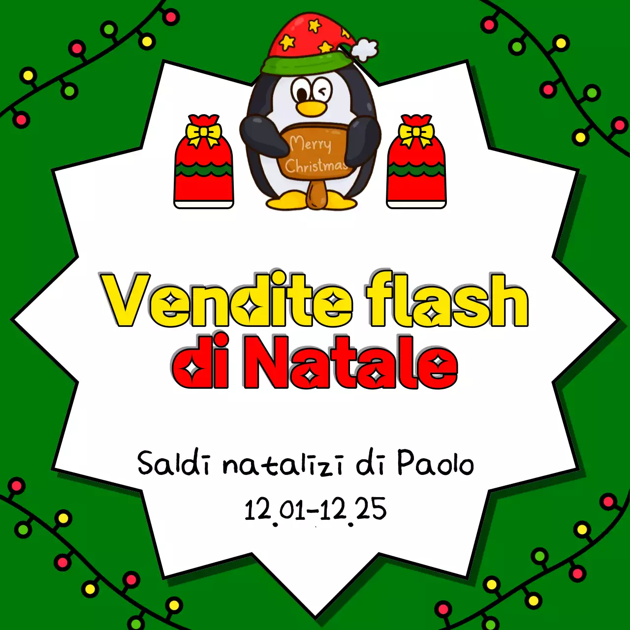 Pubblicizzate il vostro evento natalizio in rosso e verde con questo simpatico annuncio natalizio.