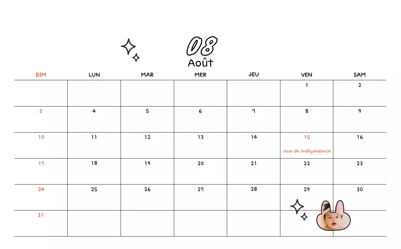 Calendrier photo avec dessin mignon