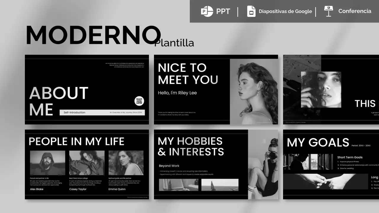 portafolio de autopresentación moderno en blanco y negro
