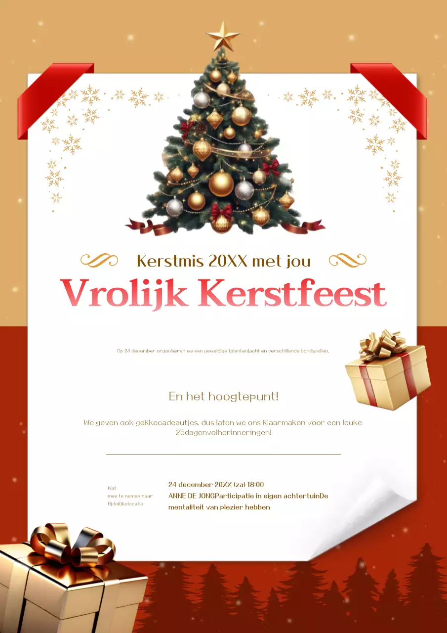 Uitnodiging voor kerstfeest in rood en goud
